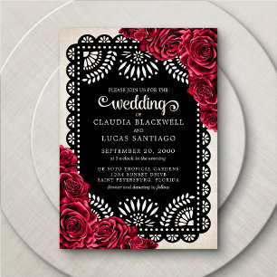 Papel Picado Roses Red Black Wedding Invitation