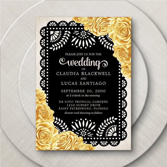 Papel Picado Roses Yellow Black Wedding Invitation (Creator Uploaded)