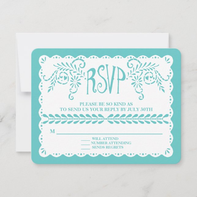 Papel Picado RSVP Aqua Lime Fiesta Wedding Banner Card (Front)