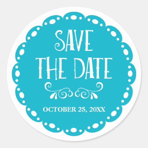 Papel Picado Save the Date Sky Blue Fiesta Wedding Classic Round Sticker
