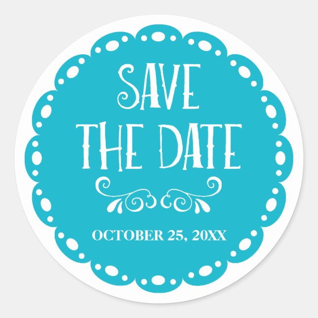 Papel Picado Save the Date Sky Blue Fiesta Wedding Classic Round Sticker (Front)
