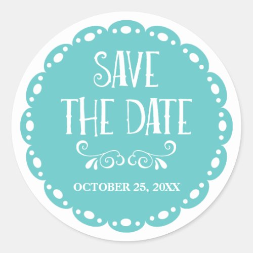 Papel Picado Save the Date Sky Blue Fiesta Wedding Classic Round Sticker