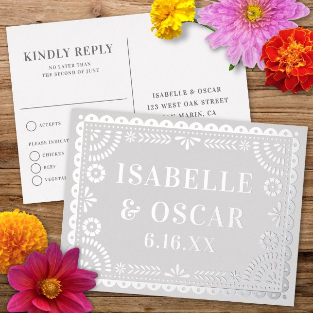 Papel Picado Silver Foil Wedding Reply RSVP Card  (Creator Uploaded)
