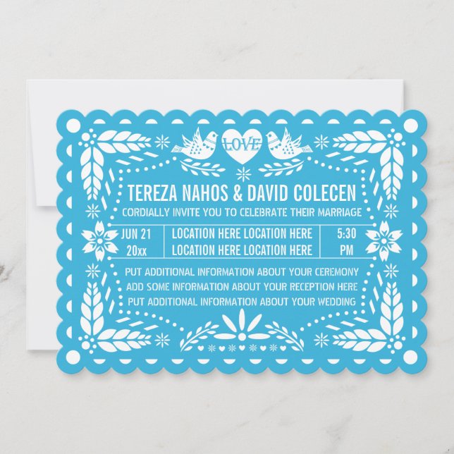 Papel picado style love birds blue fiesta wedding invitation (Front)
