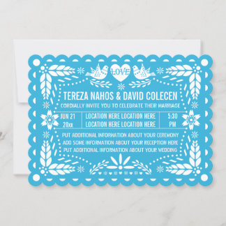 Papel picado style love birds blue fiesta wedding invitation