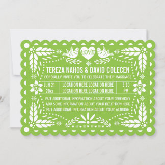 Papel picado style love birds green fiesta wedding invitation