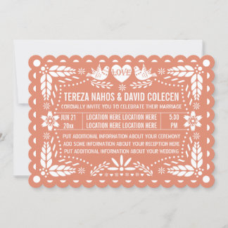 Papel picado style love birds peach fiesta wedding invitation