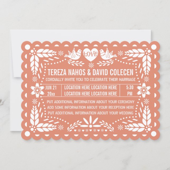 Papel picado style love birds peach fiesta wedding invitation (Front)