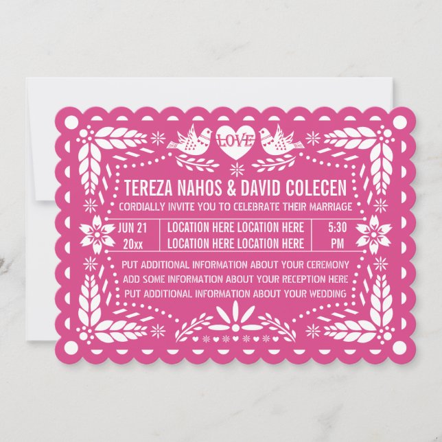 Papel picado style love birds pink fiesta wedding invitation (Front)