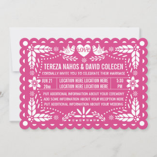 Papel picado style love birds pink fiesta wedding invitation