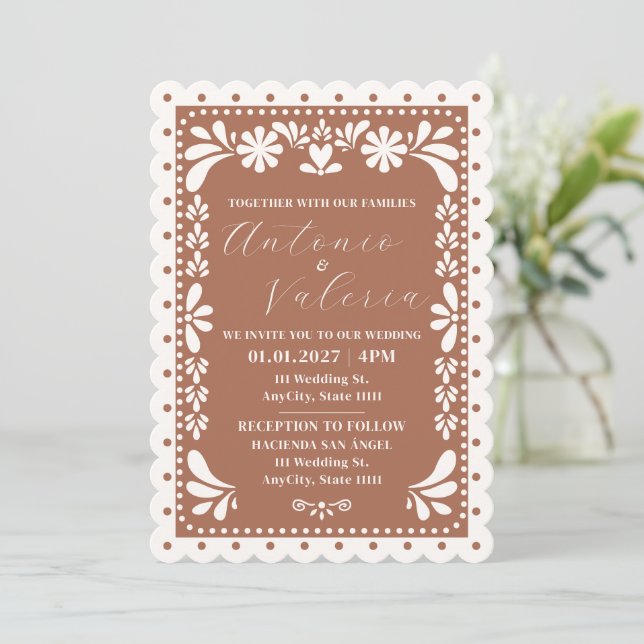 Papel Picado Terracotta Mexican Wedding Invitation (Standing Front)
