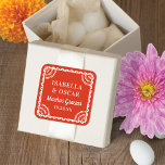 Papel Picado Warm Red Wedding Favor Sticker<br><div class="desc">This colorful wedding favor sticker features a papel picado inspired frame in white over a warm yellow background. The typography is simple yet elegant. All colors of this design are customizable by using the editor tool. See the collection for coordinating items!</div>