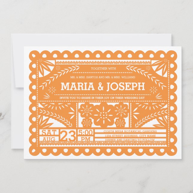 Papel Picado Wedding Invite - Orange (Front)