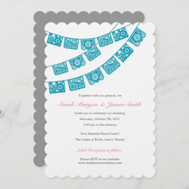 Papel Picado Wedding Party Invite Teal (Front/Back)