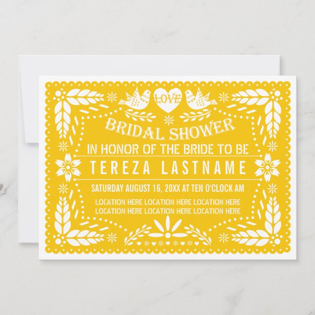 Papel picado yellow modern wedding bridal shower invitation (Front)
