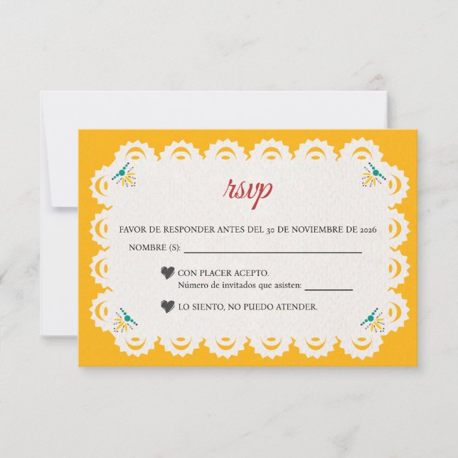 Papel Picado Yellow Nuestra Boda Spanish Wedding RSVP Card (Front)