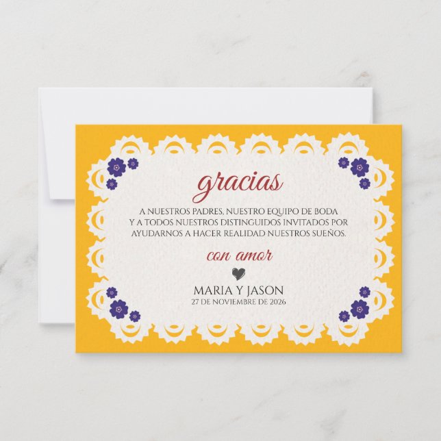 Papel Picado Yellow Nuestra Boda Spanish Wedding Thank You Card (Front)