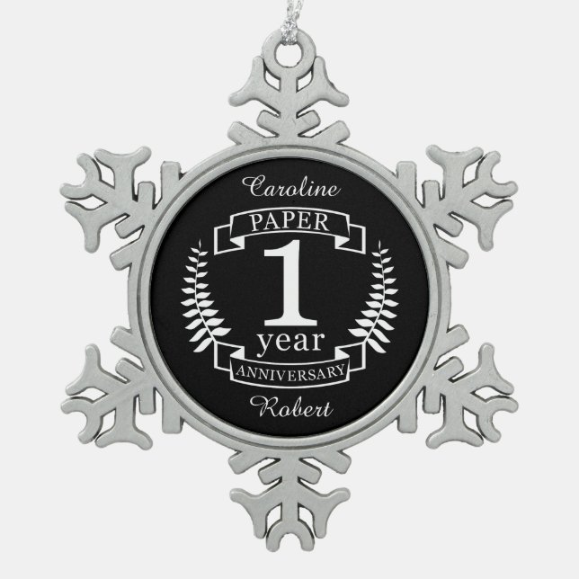 Paper 1st wedding anniversary 1 year snowflake pewter christmas ornament (Front)