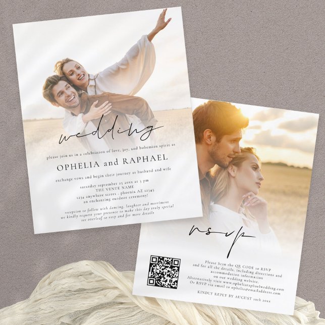 PAPER 2 Photos Overlay Boho Wedding Invitation  (Front and back view)