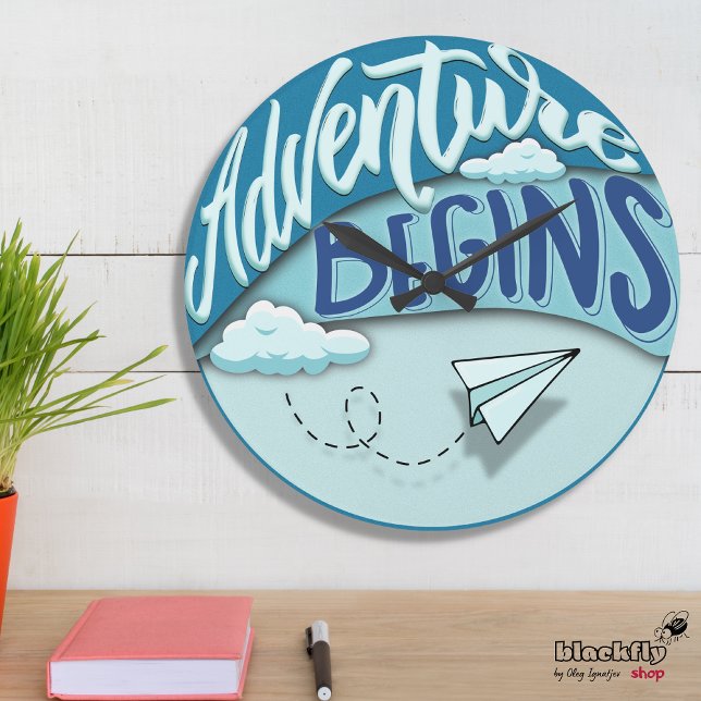 Paper airplane | Adventure begins Large Clock (Creator Uploaded)