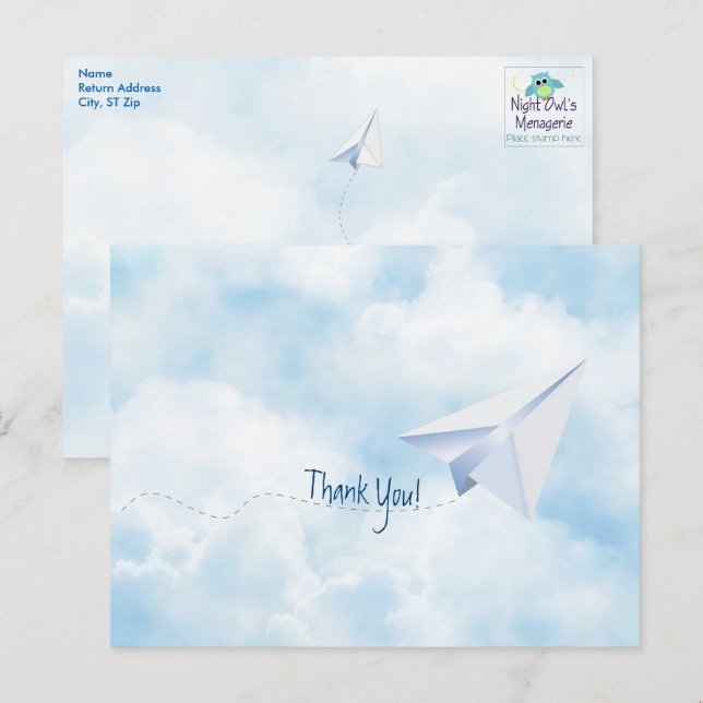 Paper Airplane Baby Shower Thank You Postcard (Front/Back)