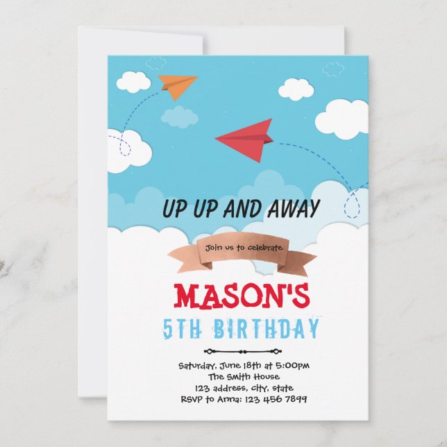 Paper airplane birthday theme Invitation (Front)
