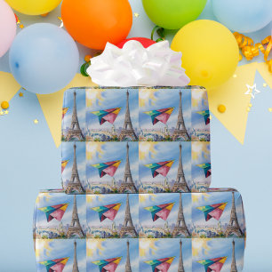 Paper Airplane Flying in Paris,Colorful,Watercolor