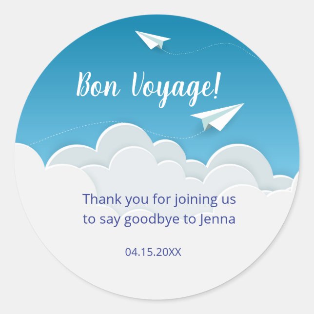 Paper Airplane Going Away Party Thank You Classic Round Sticker (Front)