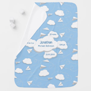 paper airplanes flight trails with puffy clouds baby blanket