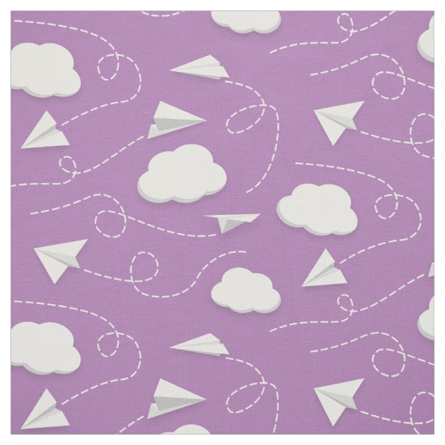 paper airplanes flying between clouds lavender fabric (Swatch)