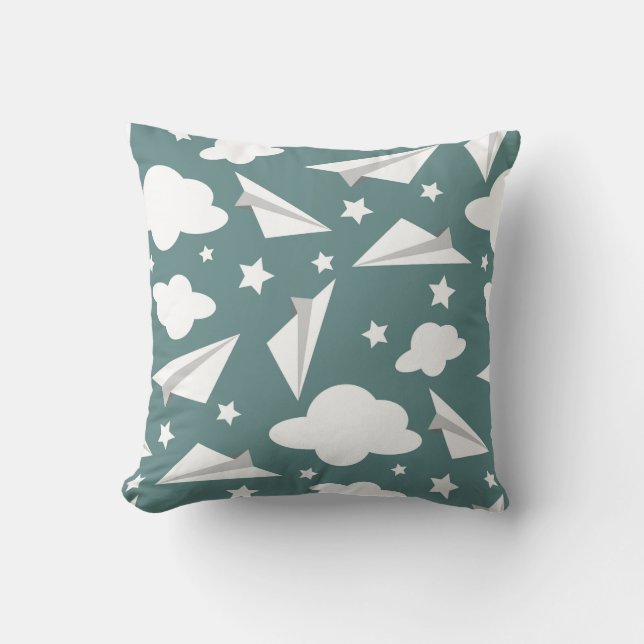 Paper Airplanes On Teal Background, Throw Pillow (Front)