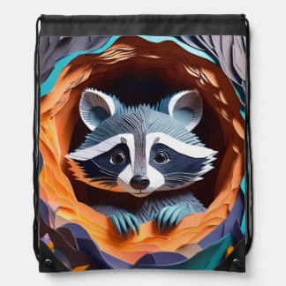 Paper Art Baby Raccoon In Tree 3D Drawstring Bag