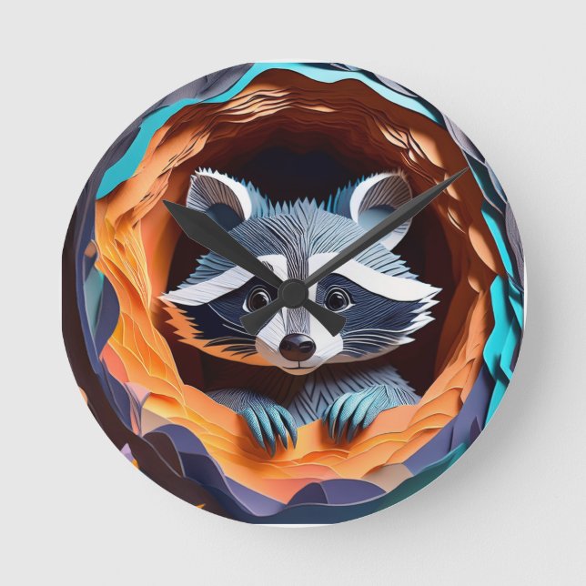 Paper Art Baby Raccoon In Tree 3D Round Clock (Front)