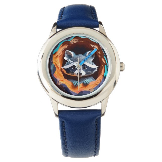 Paper Art Baby Raccoon In Tree 3D Watch (Front)