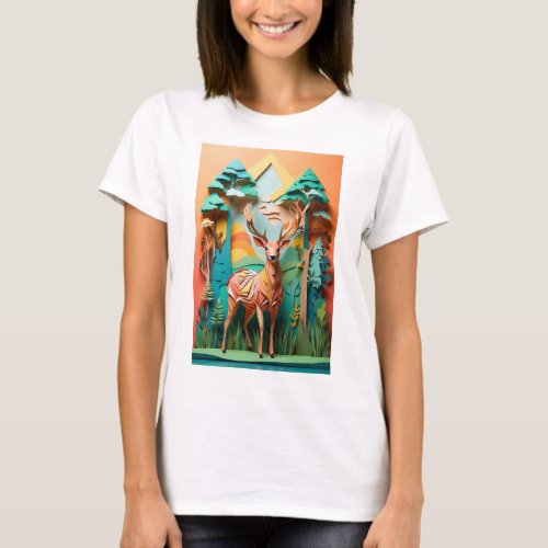 Paper Art Deer in Grassy Field T_Shirt