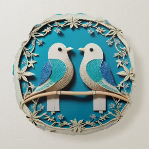 Paper Art of Two Birds with Floral Motifs Round Pillow