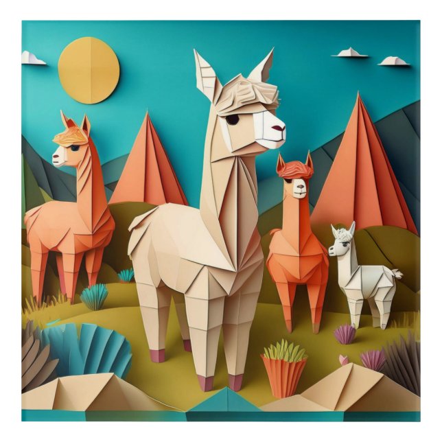 Paper Art Origami Alpacas Scene 3D Wall Art (Front)