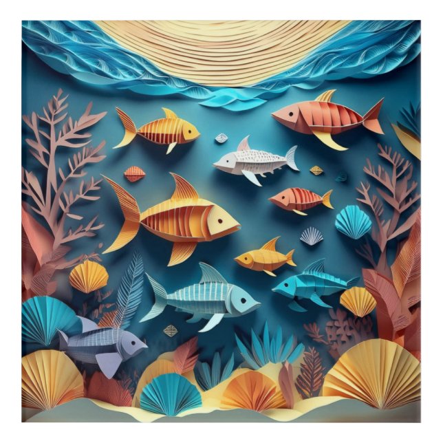 Paper Art Origami Sea Life Scene 3D Wall Art (Front)