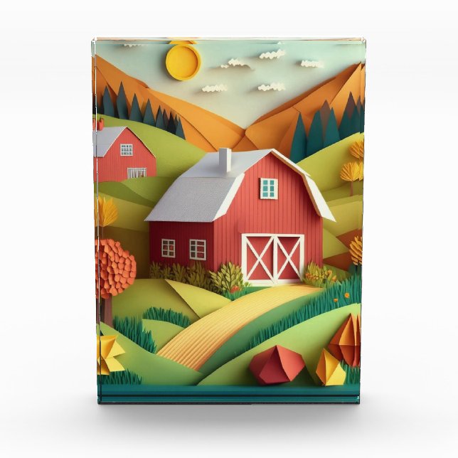 Paper Art Origami Style Farmhouse Scene Photo Block (Front)