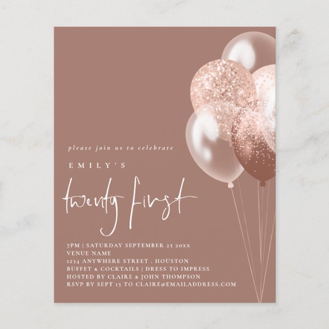 PAPER Balloons Script Rose Gold 21st Party Invite (Front)
