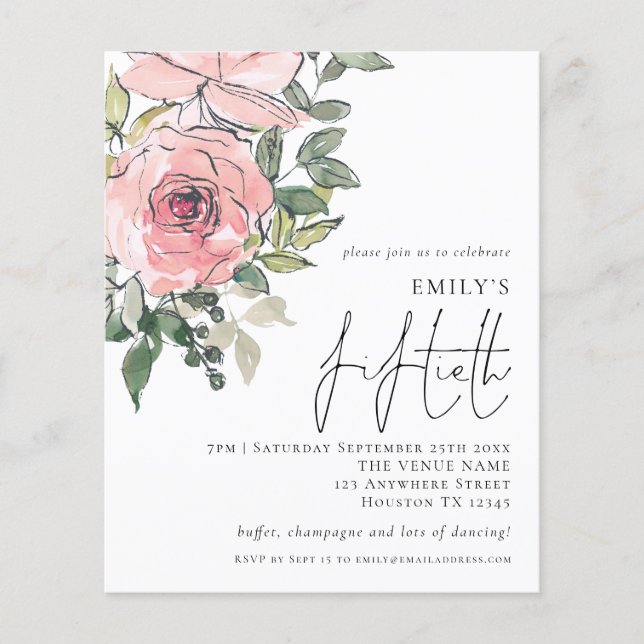 PAPER Blush Pink Florals Fiftieth Birthday Invite (Front)