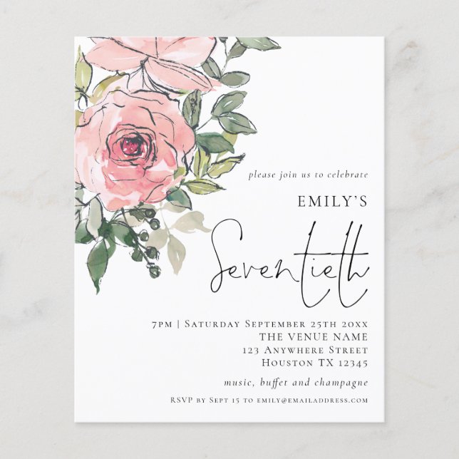 PAPER Blush Pink Florals Seventieth Party Invite (Front)