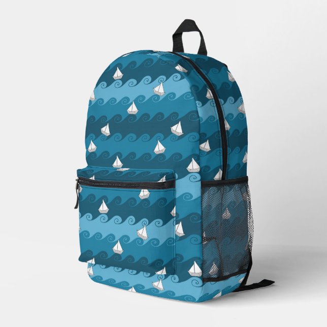 Paper Boats Pattern Printed Backpack (Back Corner Right)