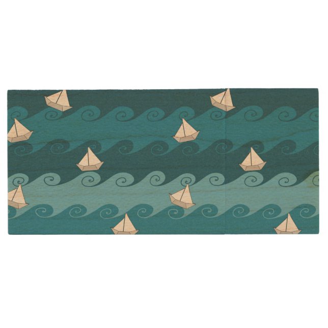 Paper Boats Pattern Wood USB Flash Drive (Front)
