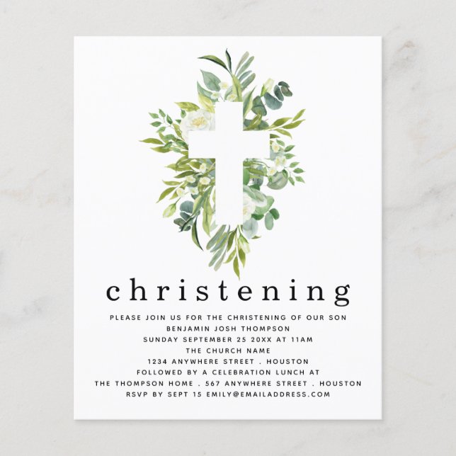 PAPER Botanical Leaves Cross Christening Invite (Front)