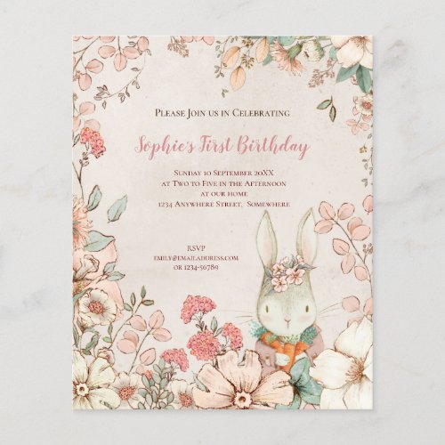 PAPER  Bunny Floral 1st Birthday Girl Invitation