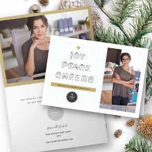 Paper Clips Joy Peace Cheers Blue Grids Corporate Holiday Card