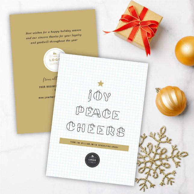 Paper Clips Joy Peace Cheers Blue Grids Corporate  Holiday Card (Creator Uploaded)
