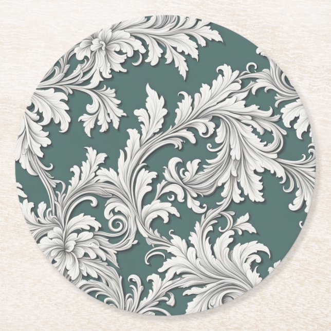 Paper Coaster damask Design Aqua Black & White (Front)