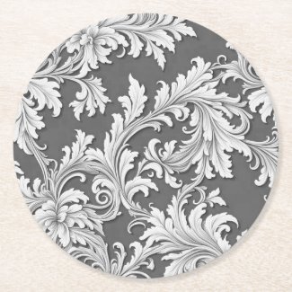 Paper Coaster Damask Design Gray Black & White 